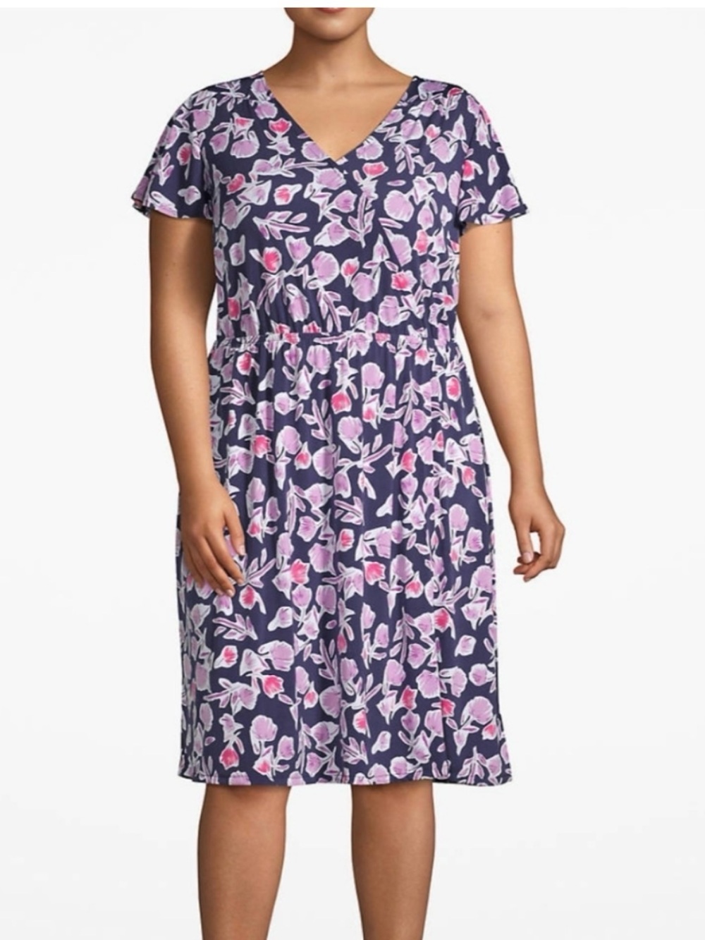 Lane Bryant Navy Floral V-Neck Day Dress